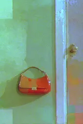 Midjourney generated image using SREF code Chromoshred: A red purse hanging on a green wall.
