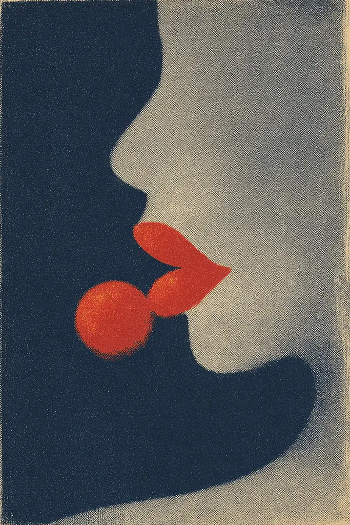 Midjourney generated image using SREF code ChromeVellum: A blue and red illustration of a woman's face with a cherry on her nose.