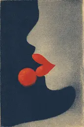 Midjourney generated image using SREF code ChromeVellum: A blue and red illustration of a woman's face with a cherry on her nose.