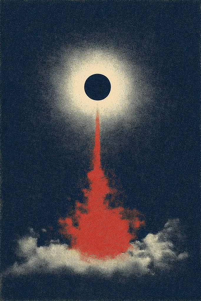 Midjourney generated image using SREF code ChromeVellum: A black hole in the sky with a red dot in the middle.