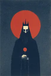 Midjourney generated image using SREF code ChromeVellum: A man with a crown on his head standing in front of a red sun.