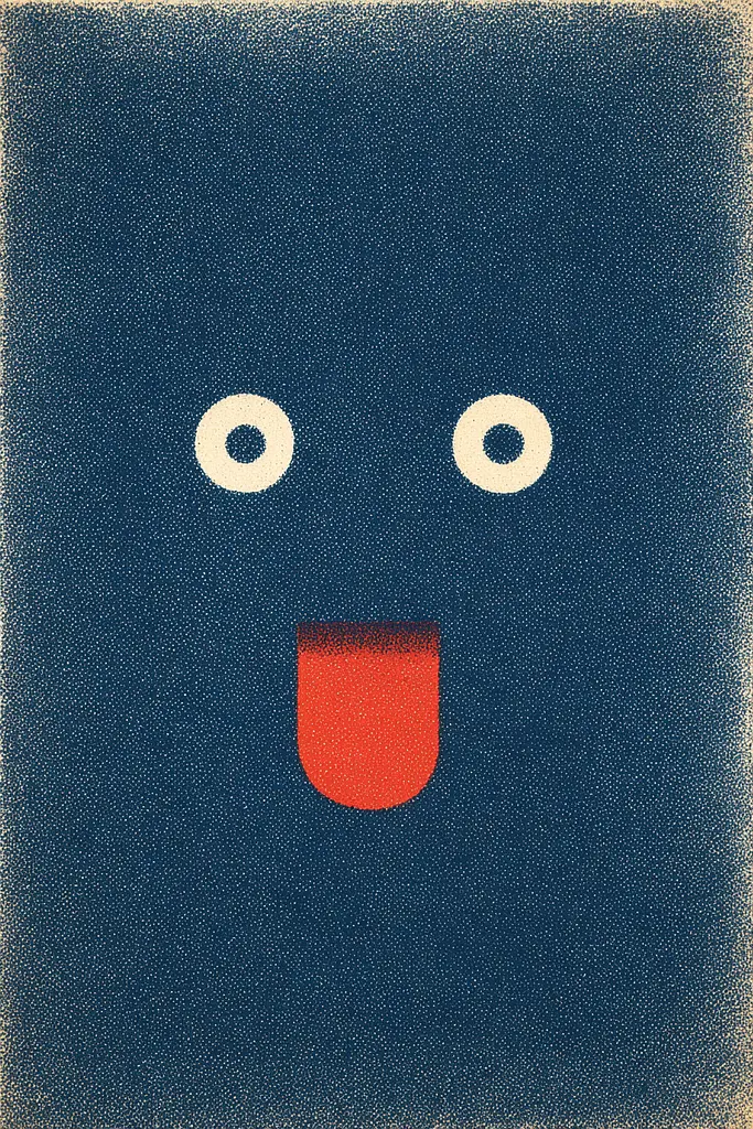 Midjourney generated image using SREF code ChromeVellum: A blue and red poster with a smiling face.