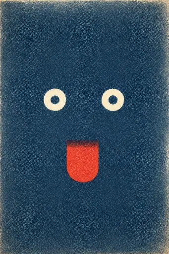 Midjourney generated image using SREF code ChromeVellum: A blue and red poster with a smiling face.