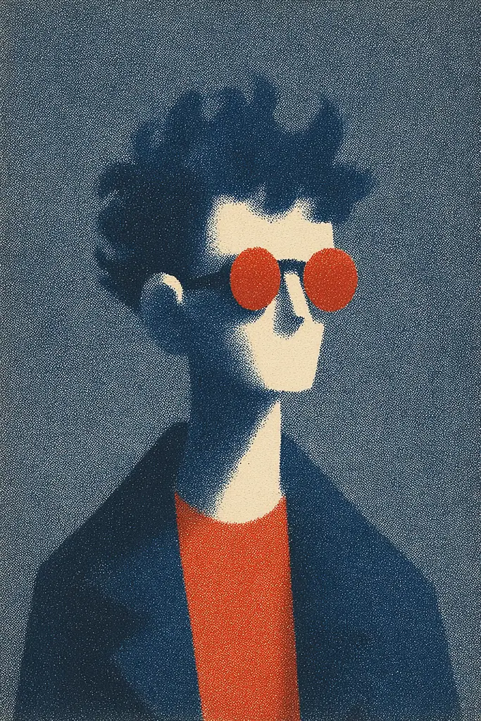 Midjourney generated image using SREF code ChromeVellum: A man with curly hair wearing red sunglasses.
