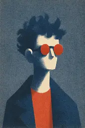 Midjourney generated image using SREF code ChromeVellum: A man with curly hair wearing red sunglasses.