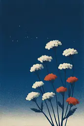 Midjourney generated image using SREF code ChromeVellum: A bunch of white and red flowers against a blue sky.