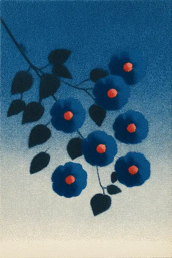 Midjourney generated image using SREF code ChromeVellum: A painting of blue flowers on a blue background.
