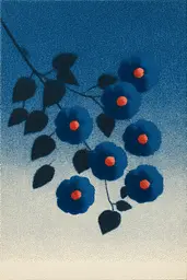 Midjourney generated image using SREF code ChromeVellum: A painting of blue flowers on a blue background.