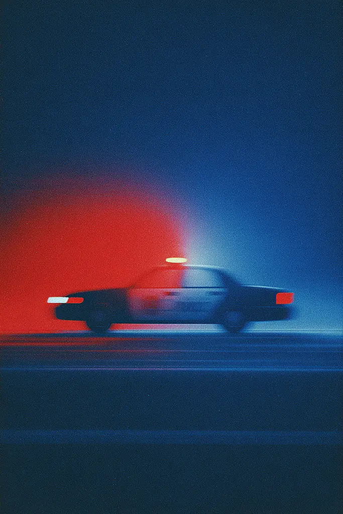 Midjourney generated image using SREF code ChromeVellum: A police car driving down a street at night.