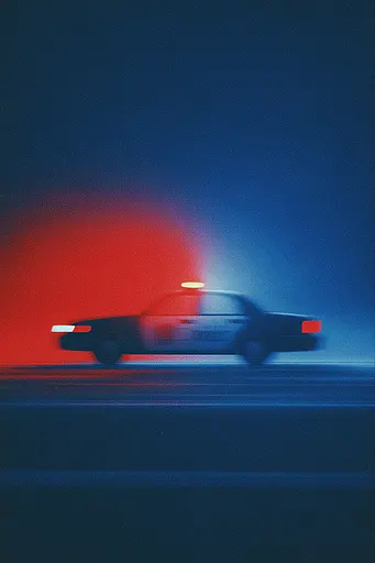 Midjourney generated image using SREF code ChromeVellum: A police car driving down a street at night.