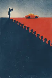 Midjourney generated image using SREF code ChromeVellum: A man standing on top of a hill next to a car.