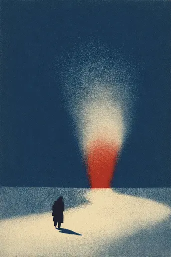 Midjourney generated image using SREF code ChromeVellum: A person walking in the snow with a red light coming out of their head.