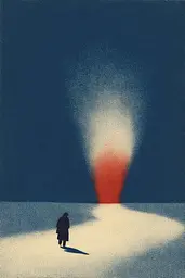 Midjourney generated image using SREF code ChromeVellum: A person walking in the snow with a red light coming out of their head.