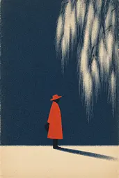 Midjourney generated image using SREF code ChromeVellum: A person in a red coat and hat standing in front of a waterfall.