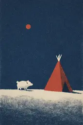 Midjourney generated image using SREF code ChromeVellum: A pig standing in front of a teepee in the snow.