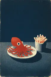 Midjourney generated image using SREF code ChromeVellum: An illustration of an octopus sitting on a plate next to a cup of fries.
