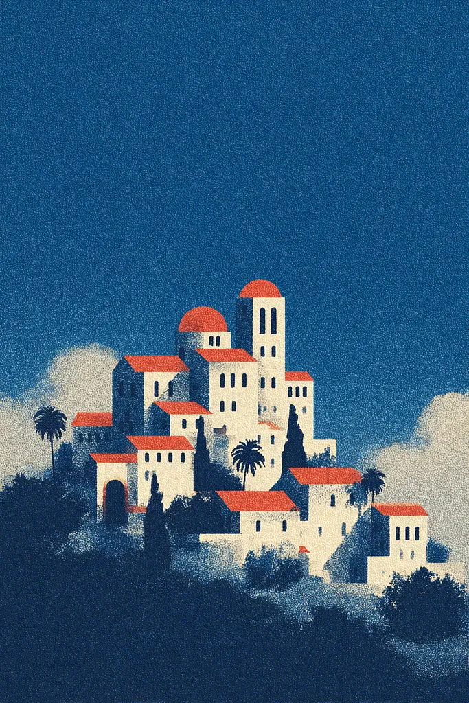 Midjourney generated image using SREF code ChromeVellum: A painting of a church on top of a hill.