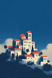 Midjourney generated image using SREF code ChromeVellum: A painting of a church on top of a hill.
