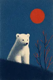 Midjourney generated image using SREF code ChromeVellum: A polar bear sitting on top of a hill next to a tree.