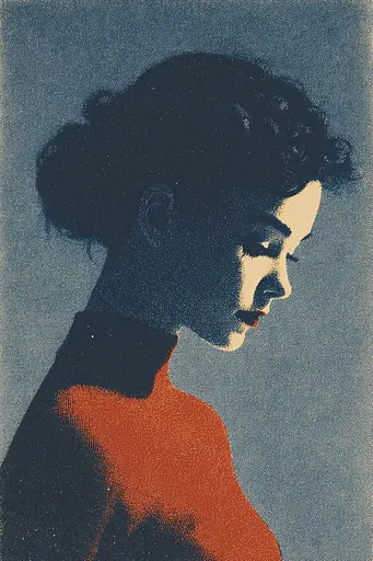 Midjourney generated image using SREF code ChromeVellum: A woman in a red dress is silhouetted against a blue background.