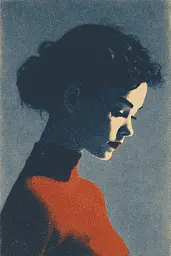 Midjourney generated image using SREF code ChromeVellum: A woman in a red dress is silhouetted against a blue background.