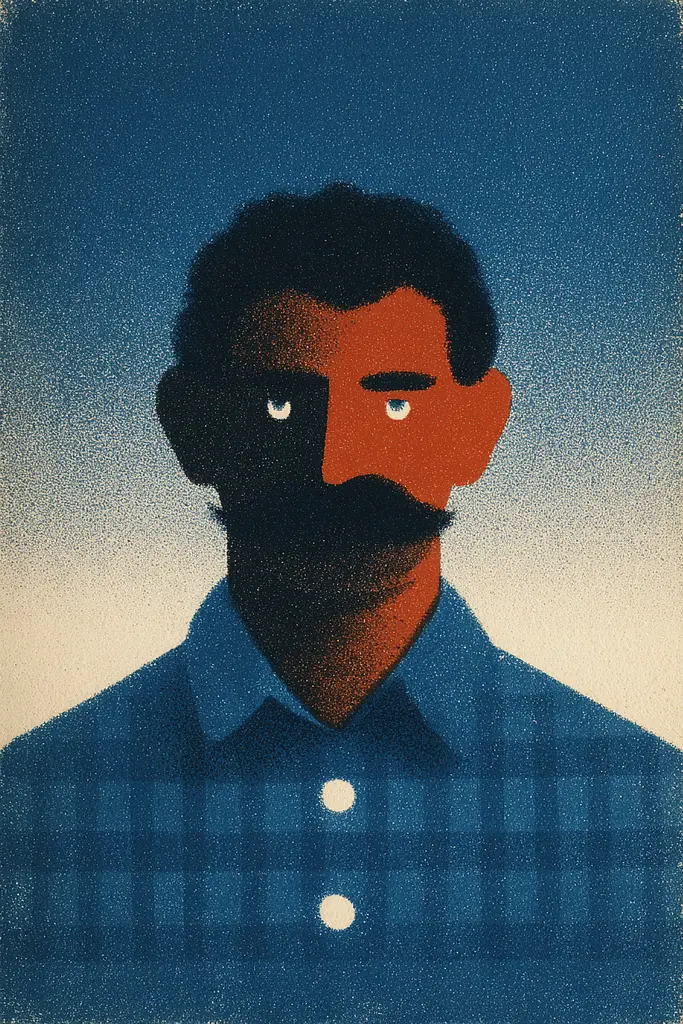 Midjourney generated image using SREF code ChromeVellum: A man with a moustache and a blue shirt.