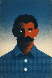 Midjourney generated image using SREF code ChromeVellum: A man with a moustache and a blue shirt.