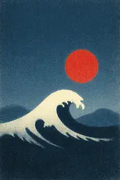 Midjourney generated image using SREF code ChromeVellum: A painting of a large wave with a red sun in the background.