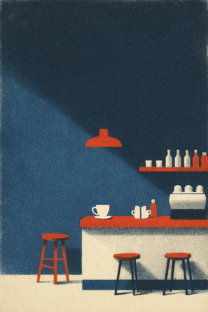 Midjourney generated image using SREF code ChromeVellum: A kitchen with red stools and a white counter top.