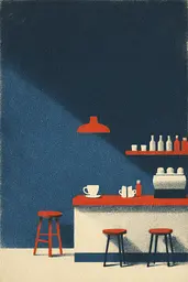 Midjourney generated image using SREF code ChromeVellum: A kitchen with red stools and a white counter top.