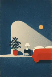Midjourney generated image using SREF code ChromeVellum: an illustration of a bedroom with a bed and a potted plant