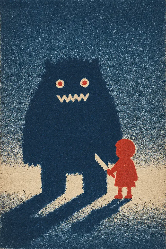 Midjourney generated image using SREF code ChromeVellum: A little girl holding a knife standing next to a big monster.