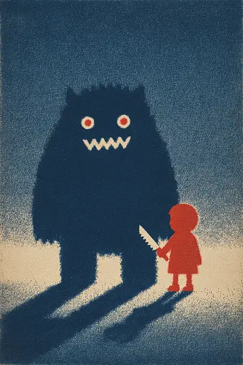 Midjourney generated image using SREF code ChromeVellum: A little girl holding a knife standing next to a big monster.
