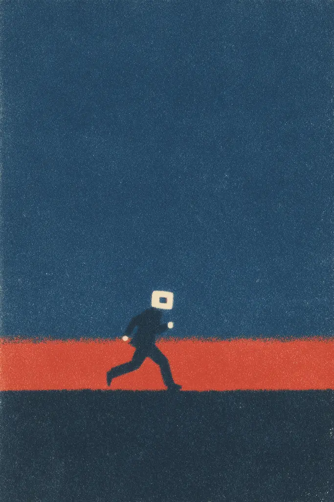 Midjourney generated image using SREF code ChromeVellum: A man walking across a field with a box on his head.