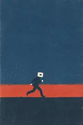 Midjourney generated image using SREF code ChromeVellum: A man walking across a field with a box on his head.