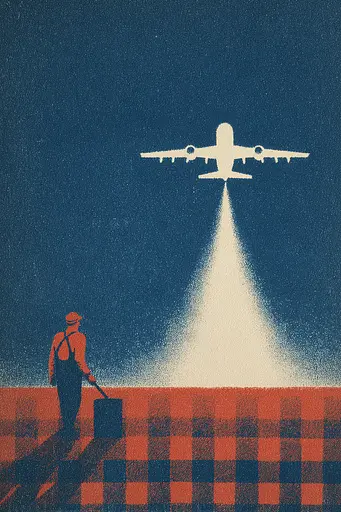 Midjourney generated image using SREF code ChromeVellum: A man with a suitcase standing in front of an airplane.