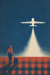 Midjourney generated image using SREF code ChromeVellum: A man with a suitcase standing in front of an airplane.