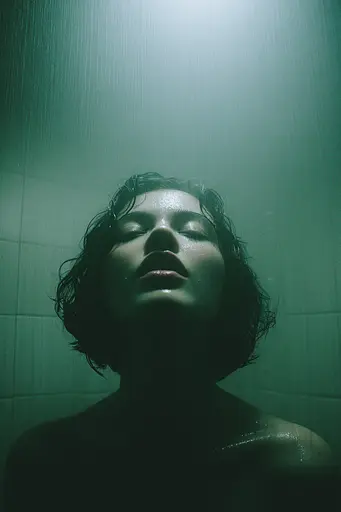 Midjourney generated image using SREF code Twilight Smog: A woman standing in a shower with her eyes closed.