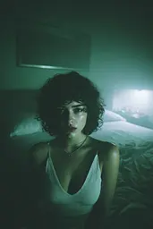 Midjourney generated image using SREF code Twilight Smog: A woman sitting on a bed in a dark room.