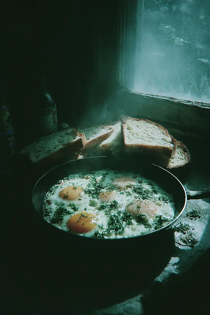 Midjourney generated image using SREF code Twilight Smog: A pan of eggs and bread sitting on a window sill.