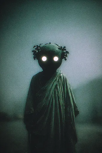 Midjourney generated image using SREF code Twilight Smog: A person in a dark room with glowing eyes.