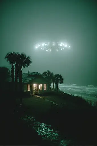Midjourney generated image using SREF code Twilight Smog: A house on the beach with a UFO in the sky.