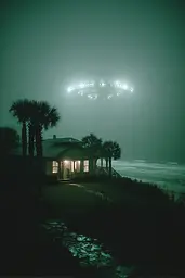 Midjourney generated image using SREF code Twilight Smog: A house on the beach with a UFO in the sky.