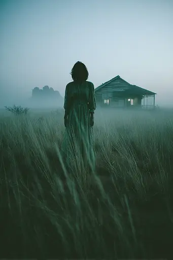 Midjourney generated image using SREF code Twilight Smog: A woman in a long dress standing in a field of tall grass.