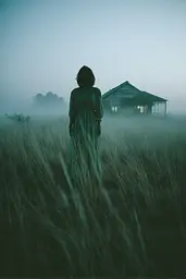 Midjourney generated image using SREF code Twilight Smog: A woman in a long dress standing in a field of tall grass.