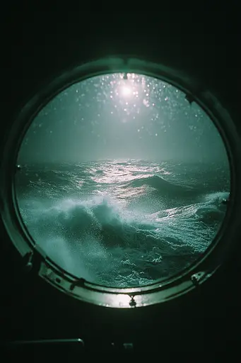 Midjourney generated image using SREF code Twilight Smog: A view of the ocean through a porthole window.