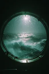 Midjourney generated image using SREF code Twilight Smog: A view of the ocean through a porthole window.