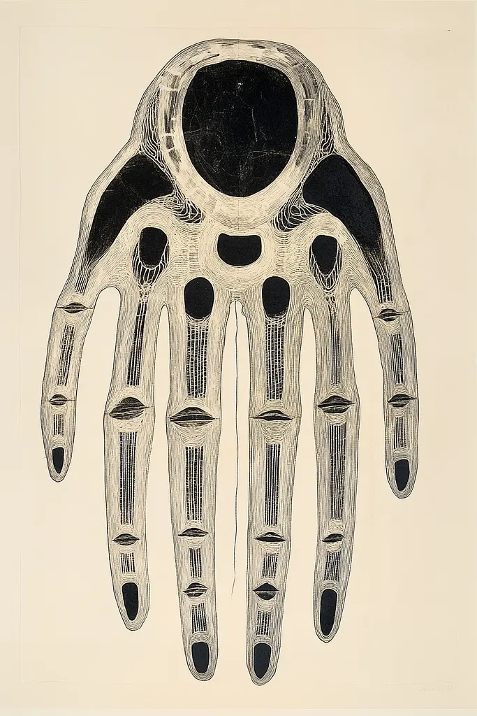 Midjourney generated image using SREF code Veiled Pathways: A black and white drawing of a human hand.