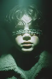 Midjourney generated image using SREF code Twilight Smog: A young boy with a chain around his eyes.