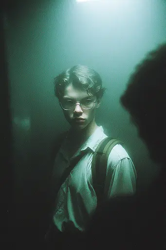 Midjourney generated image using SREF code Twilight Smog: A man with glasses standing in a dark room.